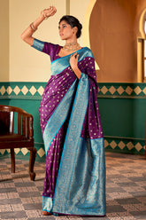 Contrasting dark shaded Purple Banarasi soft silk saree with detailed banarasi inspired work